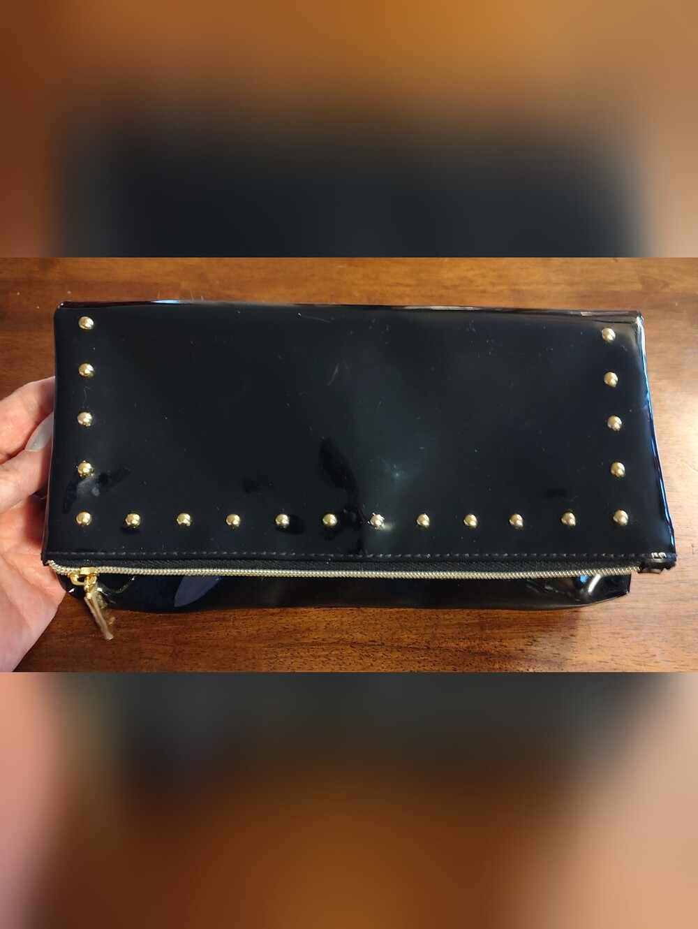 Estee Lauder Black Patent Zip Clutch with Gold Studs